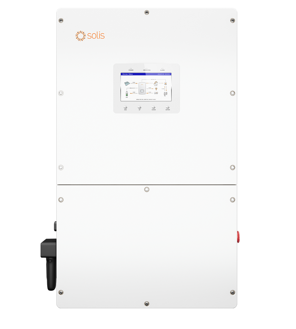 Solis 50kW Three Phase High Voltage Hybrid Inverter, 4 MPPTs, 50,000W Output, Max. Efficiency 97.38%.